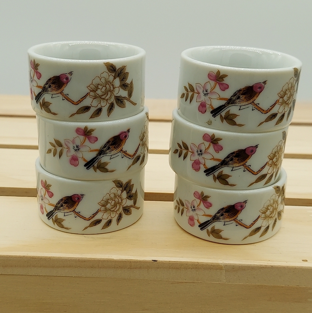 6 Vintage Ceramic Napkin Rings Made In Japan Bird Flower Butterfly - Picture 2 of 4